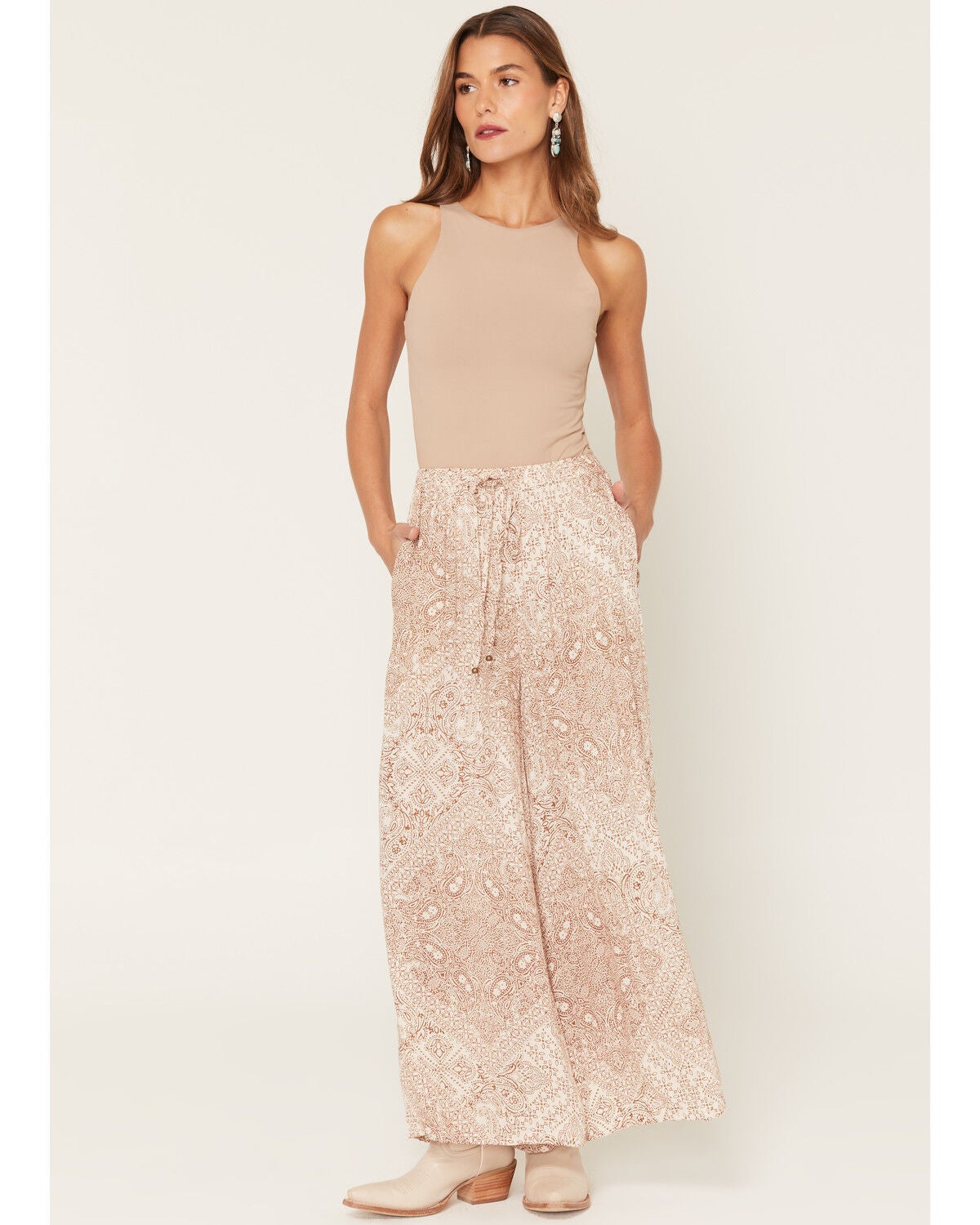 Angie Women's Geo Print Wide Leg Pants, Tan, hi-res