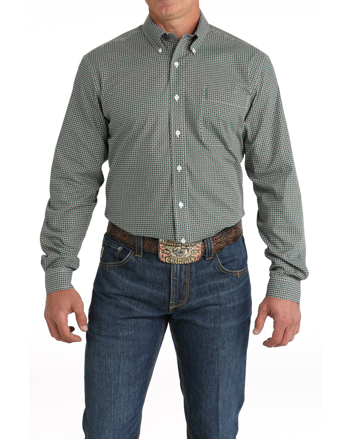 Image #1 - Cinch Men's Geo Print Long Sleeve Button-Down Western Shirt, Teal, hi-res