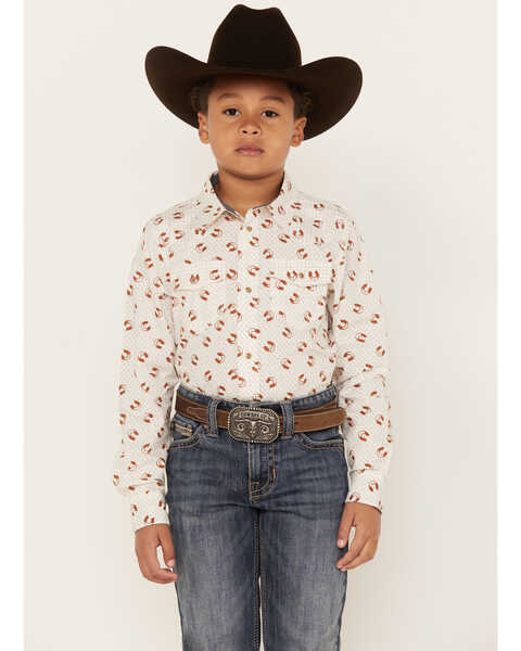 Cody James Boys' Horse Shoe Print Long Sleeve Western Snap Shirt, Caramel, hi-res