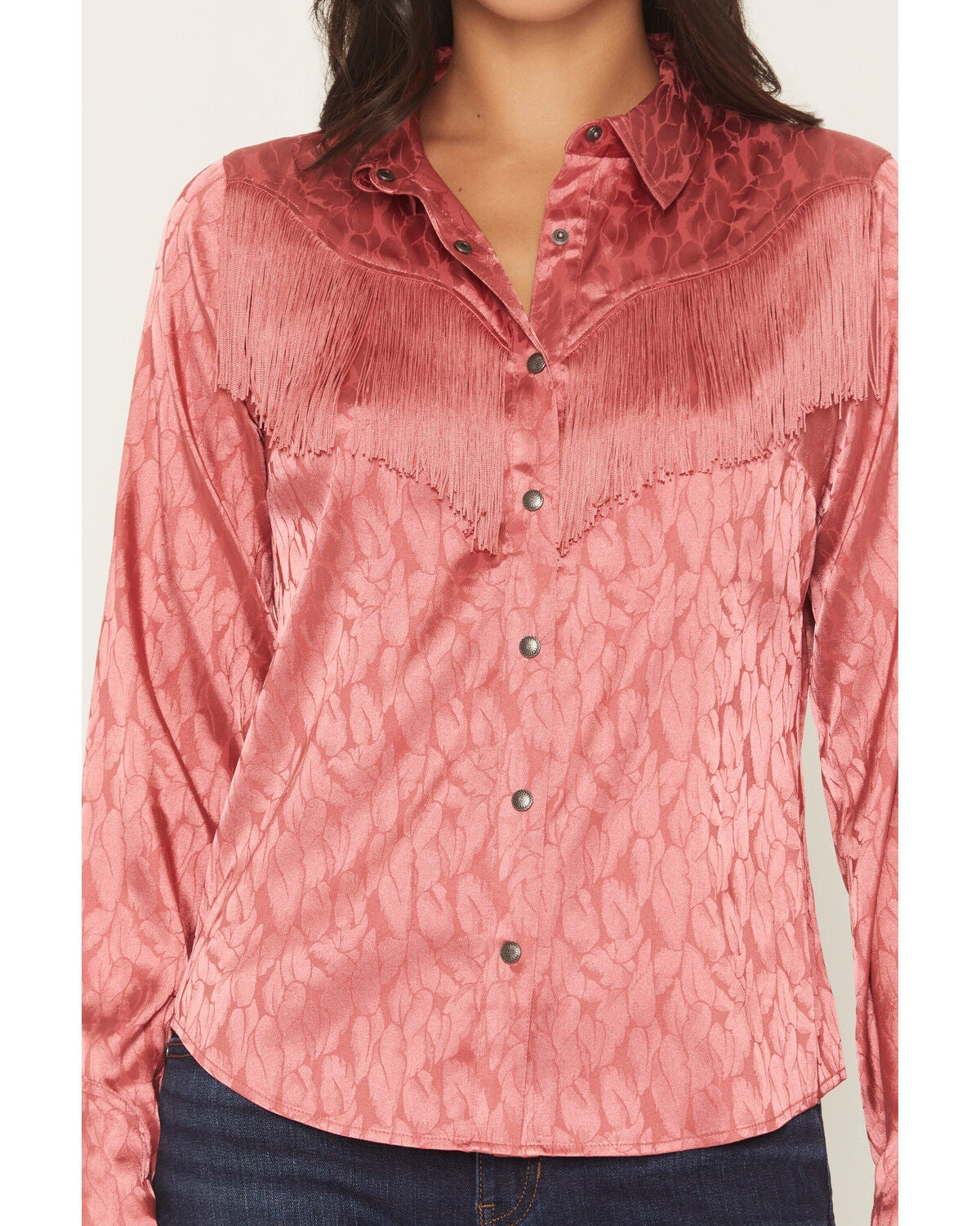 Image #3 - Shyanne Women's Roberta Long Sleeve Fringe Satin Button-Down Western Shirt, Dark Pink, hi-res