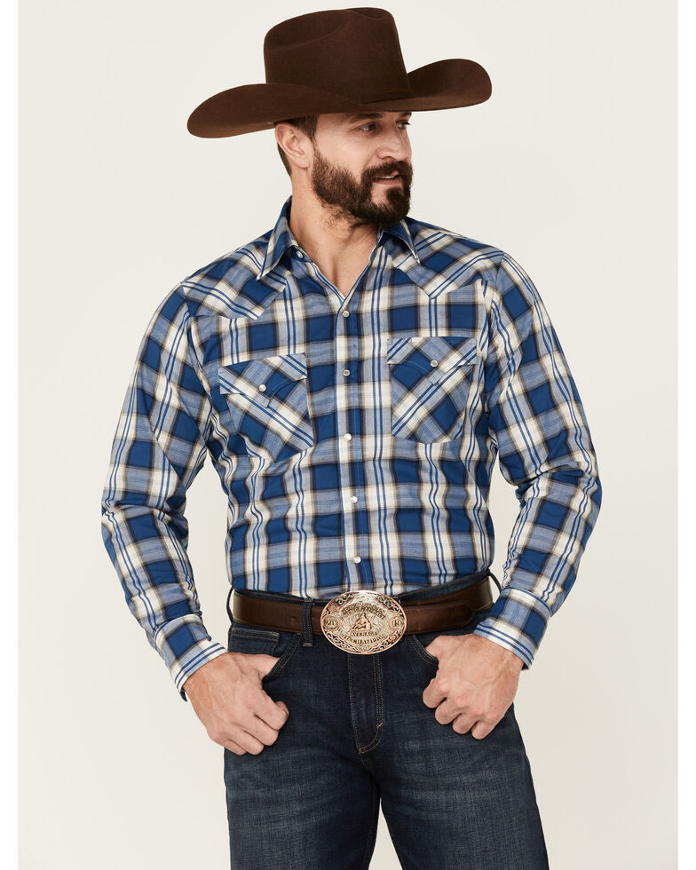 Ely Walker Men's Multi Plaid Long Sleeve Snap Western Shirt , Blue, hi-res