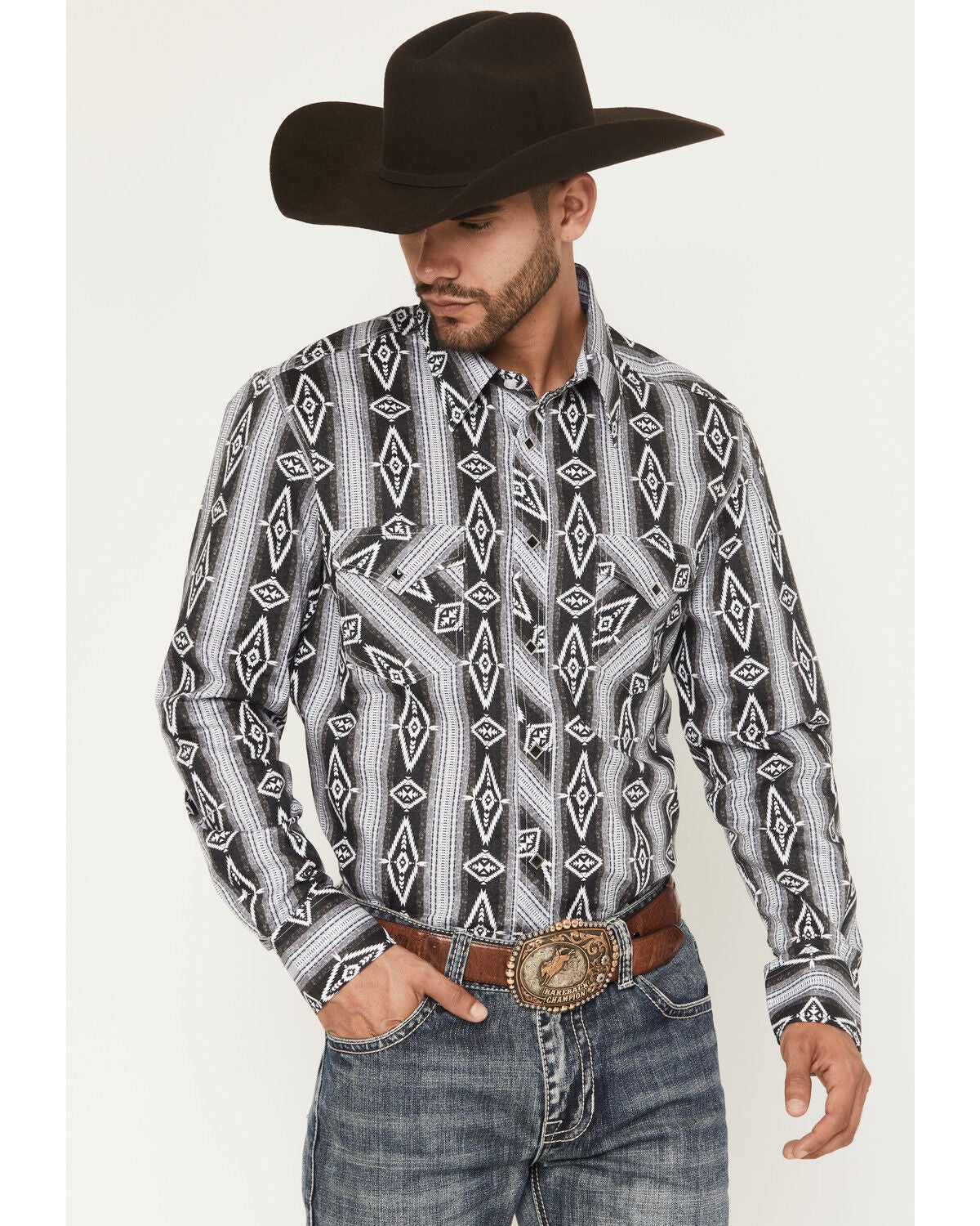 Image #1 - Rock & Roll Denim Men's Southwestern Print Long Snap Stretch Western Shirt, Black, hi-res