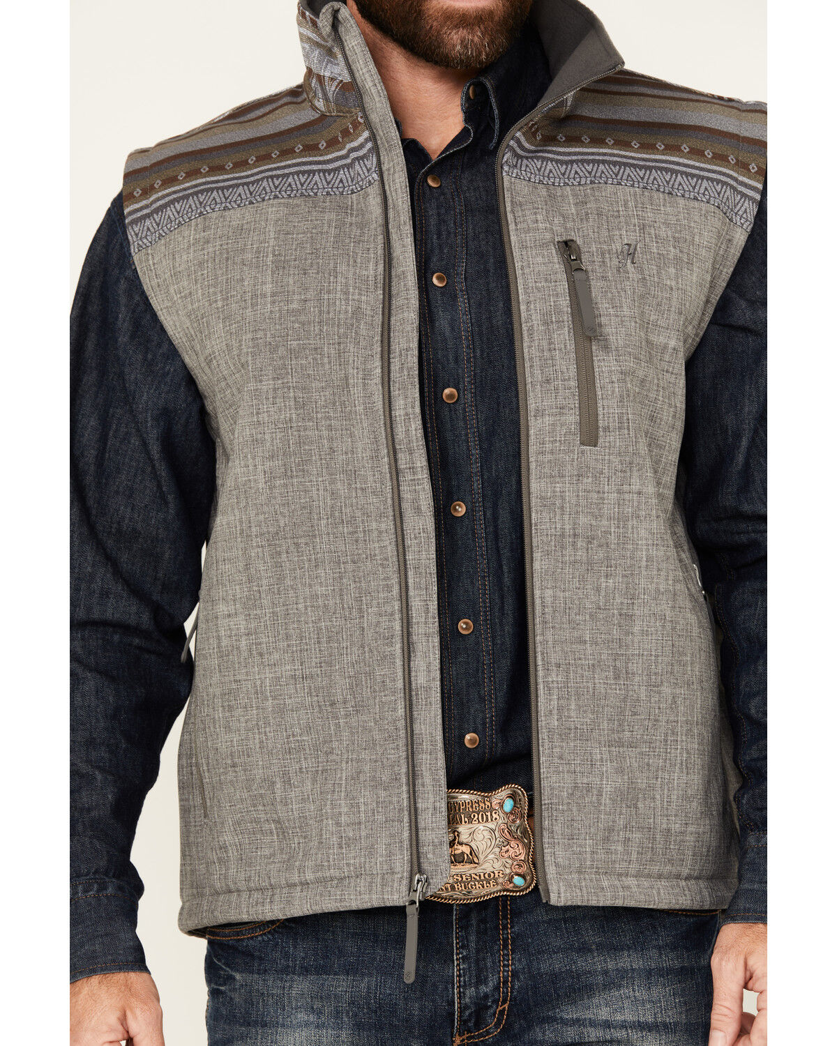 Image #3 - Hooey Men's Southwestern Print Yoke Softshell Vest, Grey, hi-res