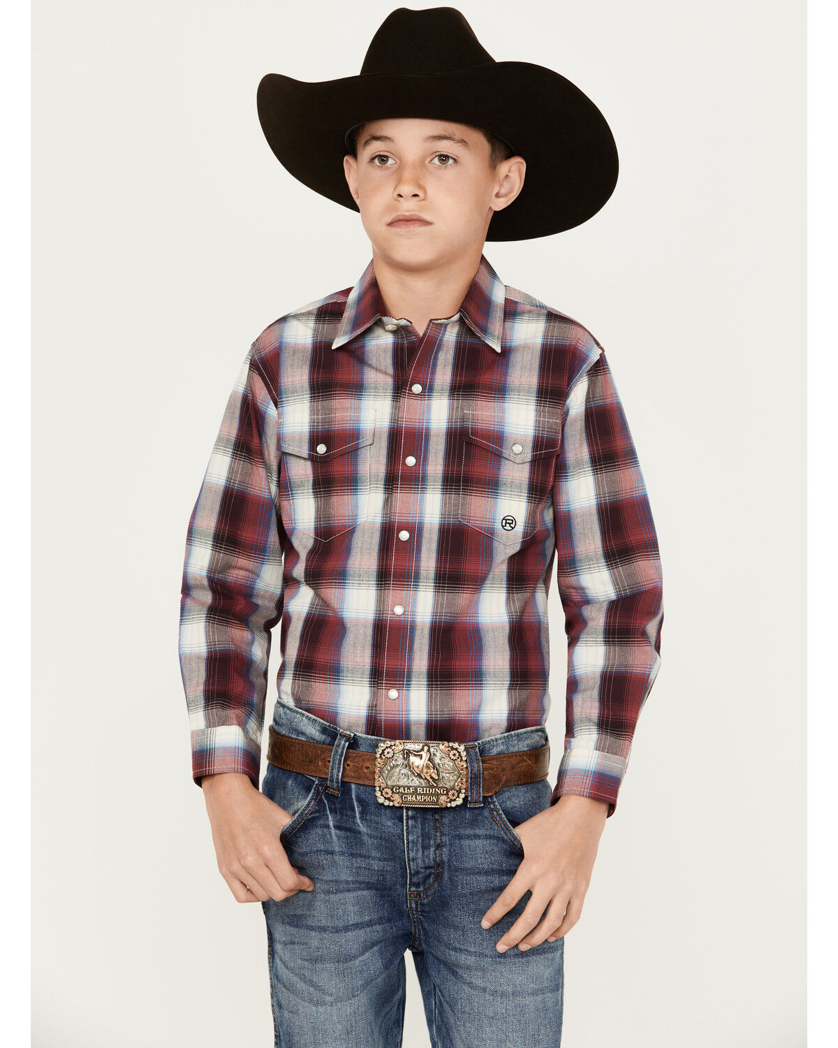 Image #1 - Roper Boys' Plaid Print Long Sleeve Pearl Snap Western Shirt, Wine, hi-res