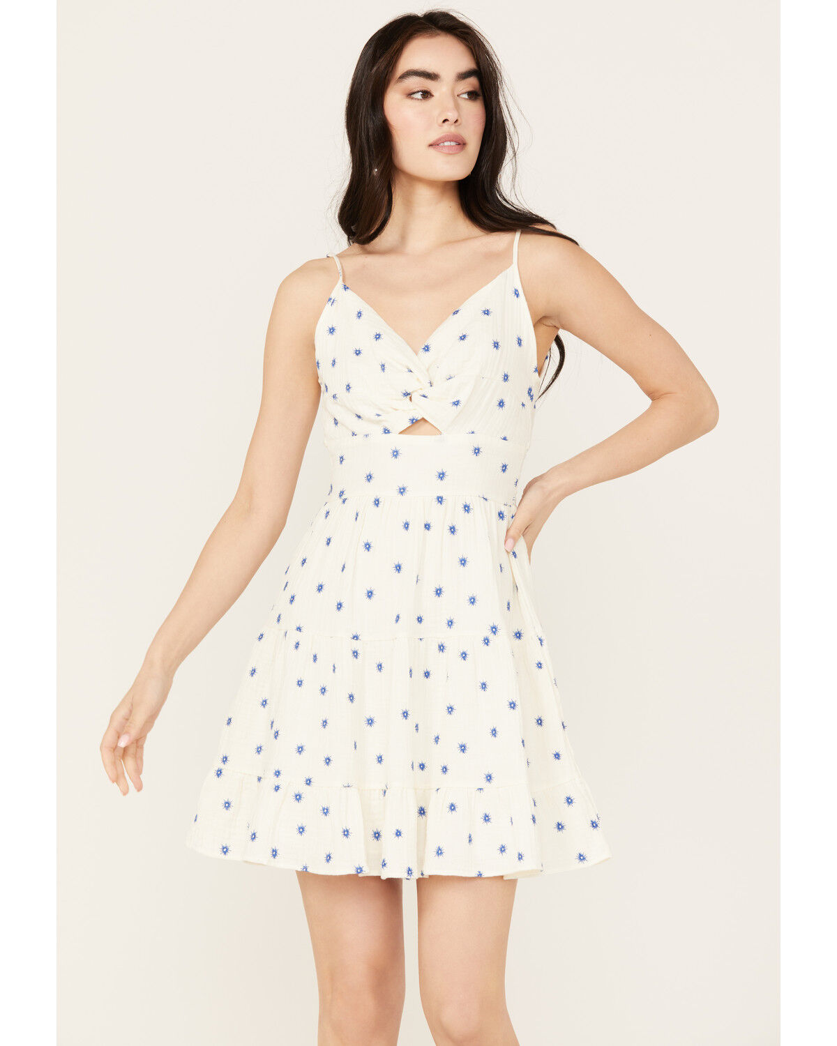 Image #1 - Wild Moss Women's Knot Front Print Mini Dress, White, hi-res