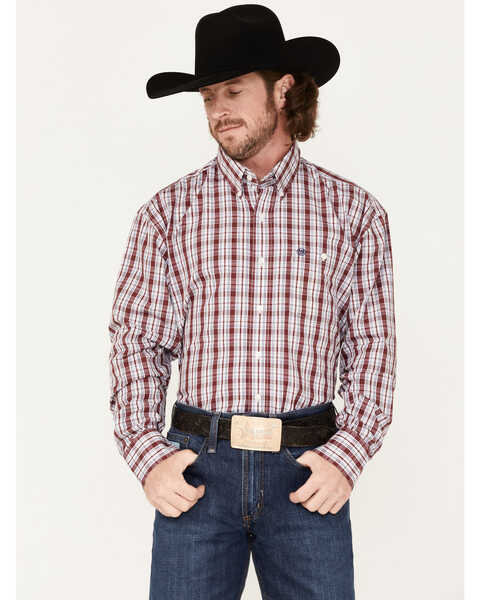 Wrangler Men's Plaid Print Long Sleeve Button Down Western Shirt, Burgundy, hi-res