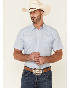 Gibson Men's Down Yonder Small Geo Print Short Sleeve Snap Western Shirt , Light Blue, hi-res