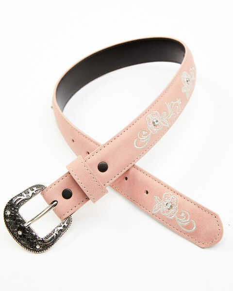 Image #2 - Shyanne Girls' Floral & Crystal Rhinestone Leather Belt, Light Pink, hi-res