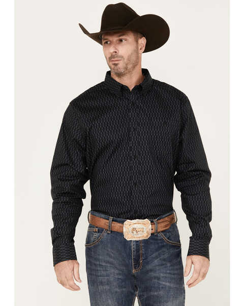 RANK 45® Men's Fury Geo Print Long Sleeve Button-Down Stretch Western Shirt, Grey, hi-res