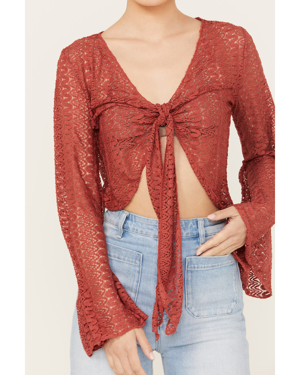 Image #2 - Wild Moss Women's Tie Front Textured Top, Red, hi-res