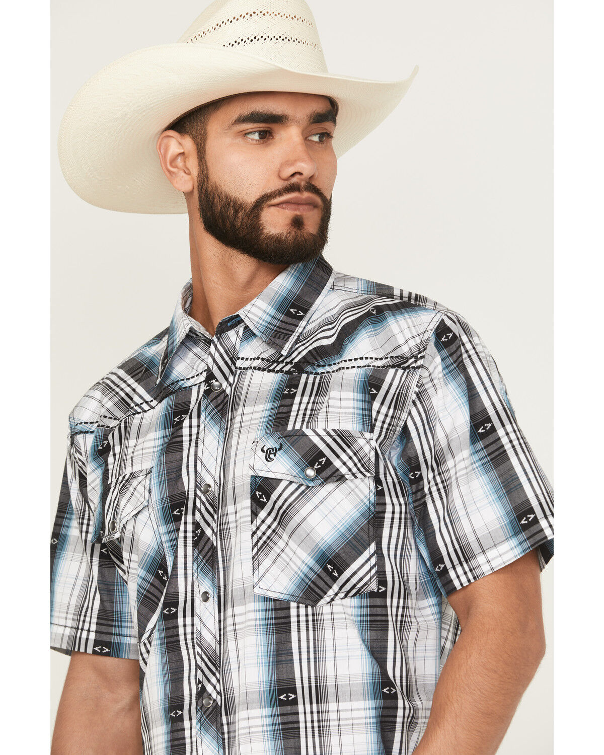 Image #2 - Cowboy Hardware Men's Plaid Print Short Sleeve Snap Western Shirt, White, hi-res