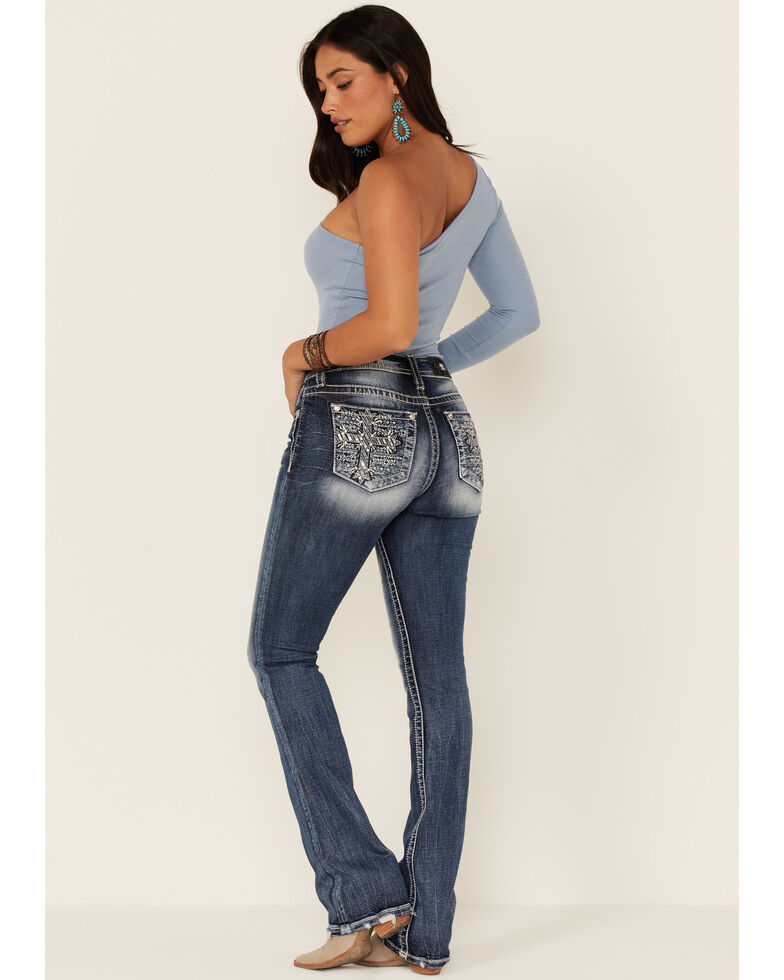 Miss Me Women's Shimmering Cross Mid Rise Bootcut Jeans, Dark Blue, hi-res