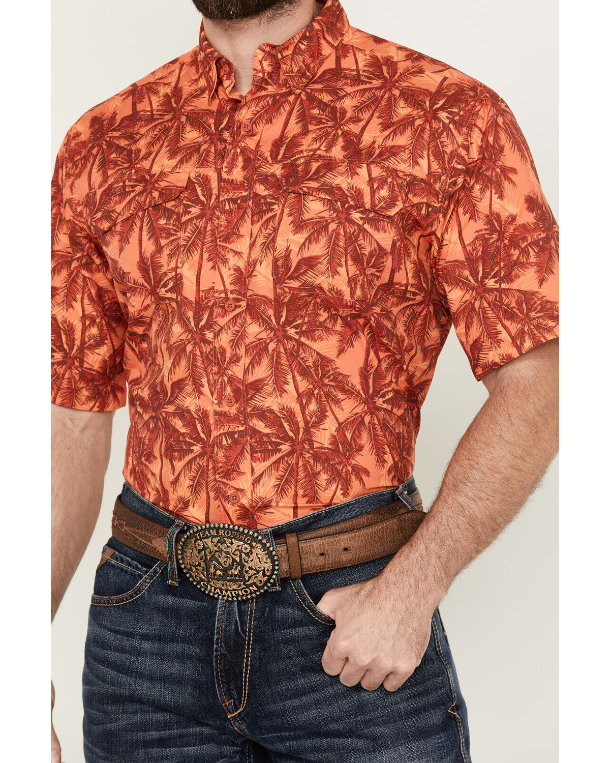 Image #3 - Ariat Men's VentTek Outbound Palm tree Print Short Sleeve Button-Down Performance Western Shirt, Dark Orange, hi-res