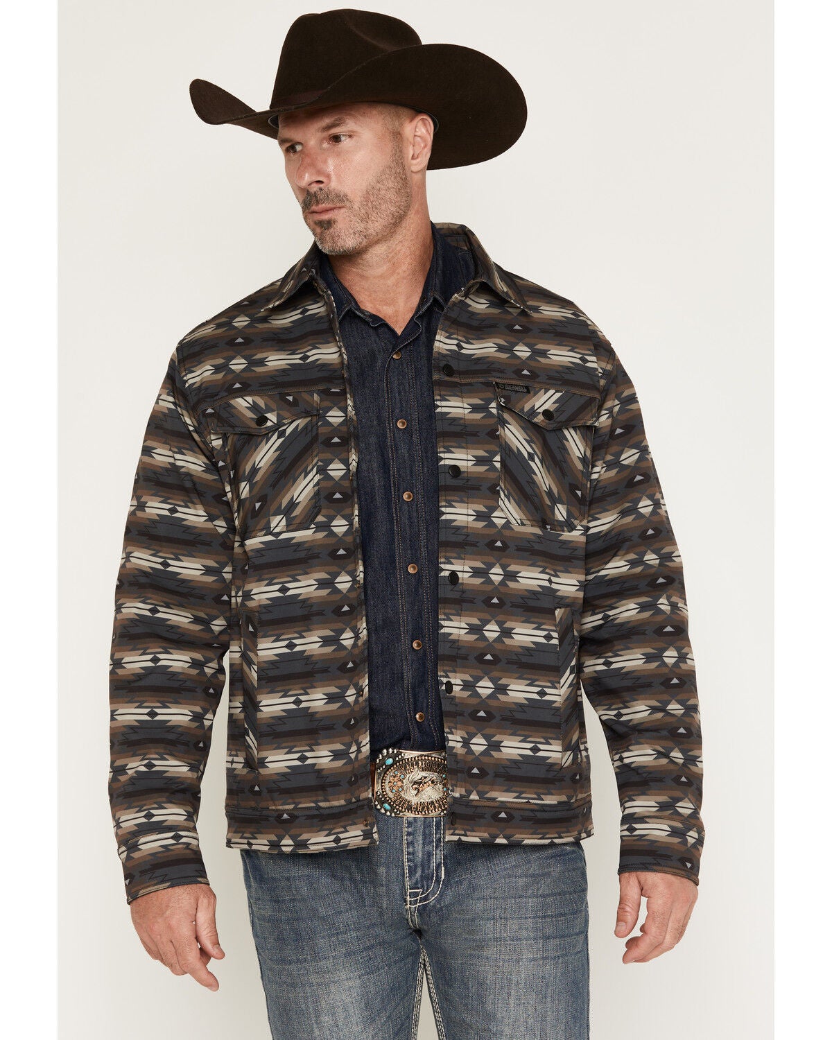 Rock & Roll Denim Men's Southwestern Print Softshell Trucker Jacket, Charcoal, hi-res