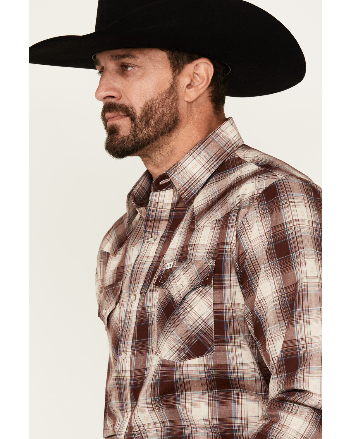 Image #2 - Ely Walker Men's Plaid Print Long Sleeve Pearl Snap Western Shirt, Burgundy, hi-res