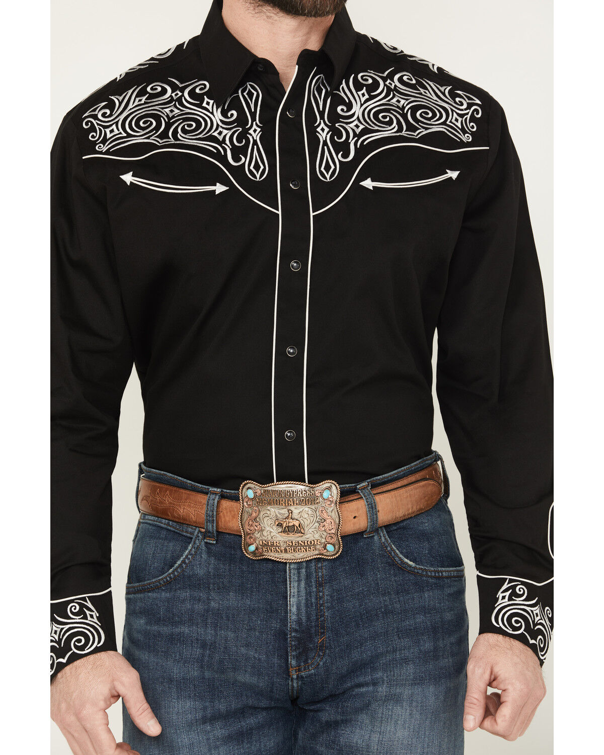 Image #3 - Rodeo Clothing Men's Embroidered Long Sleeve Snap Western Shirt, Black, hi-res