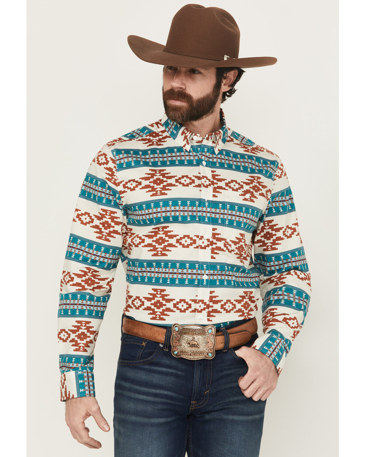 Image #1 - RANK 45® Men's Hansan Southwestern Striped Long Sleeve Button-Down Stretch Western Shirt, Multi, hi-res