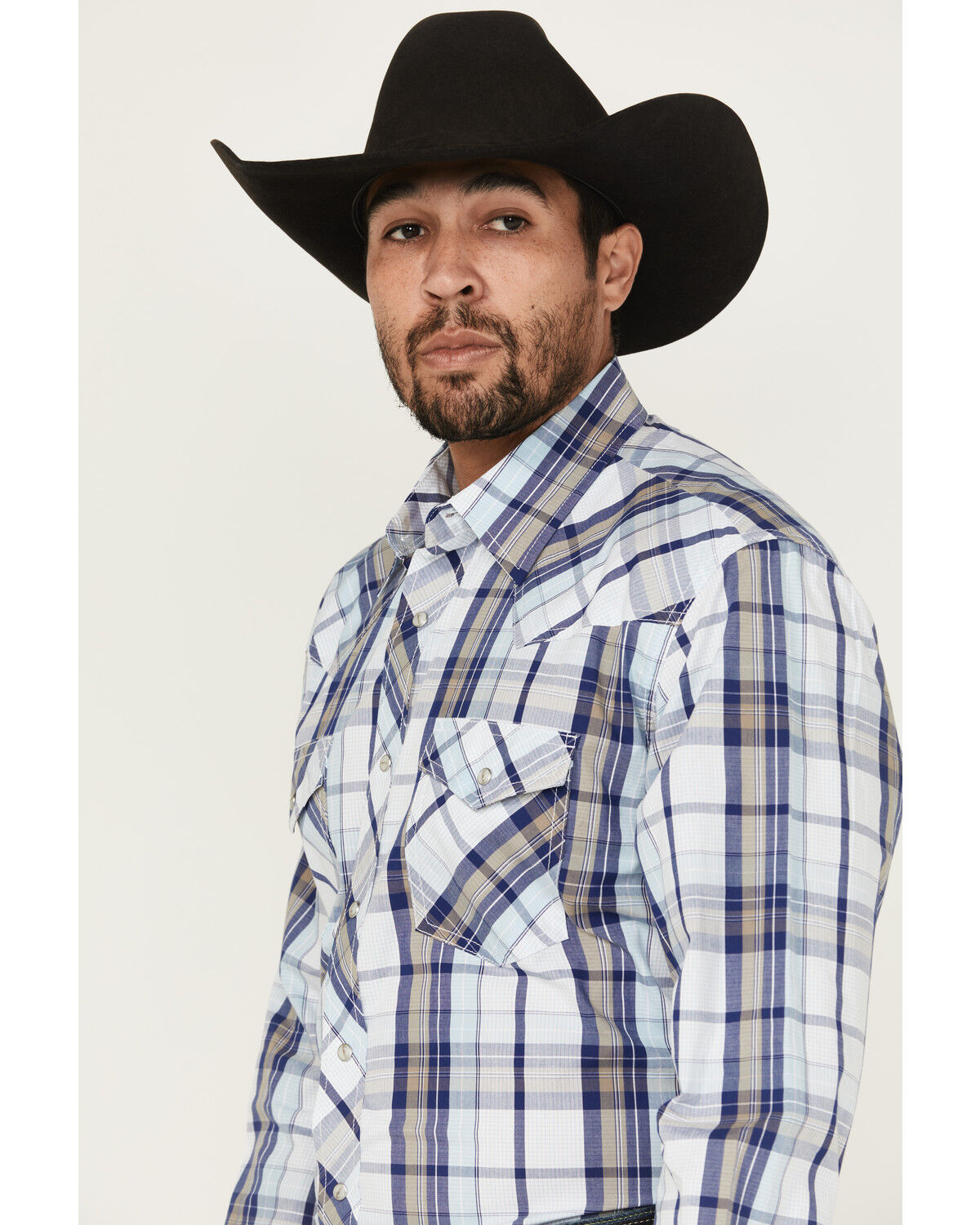 Image #2 - Wrangler 20X Men's Plaid Print Long Sleeve Snap Stretch Western Shirt, Blue, hi-res