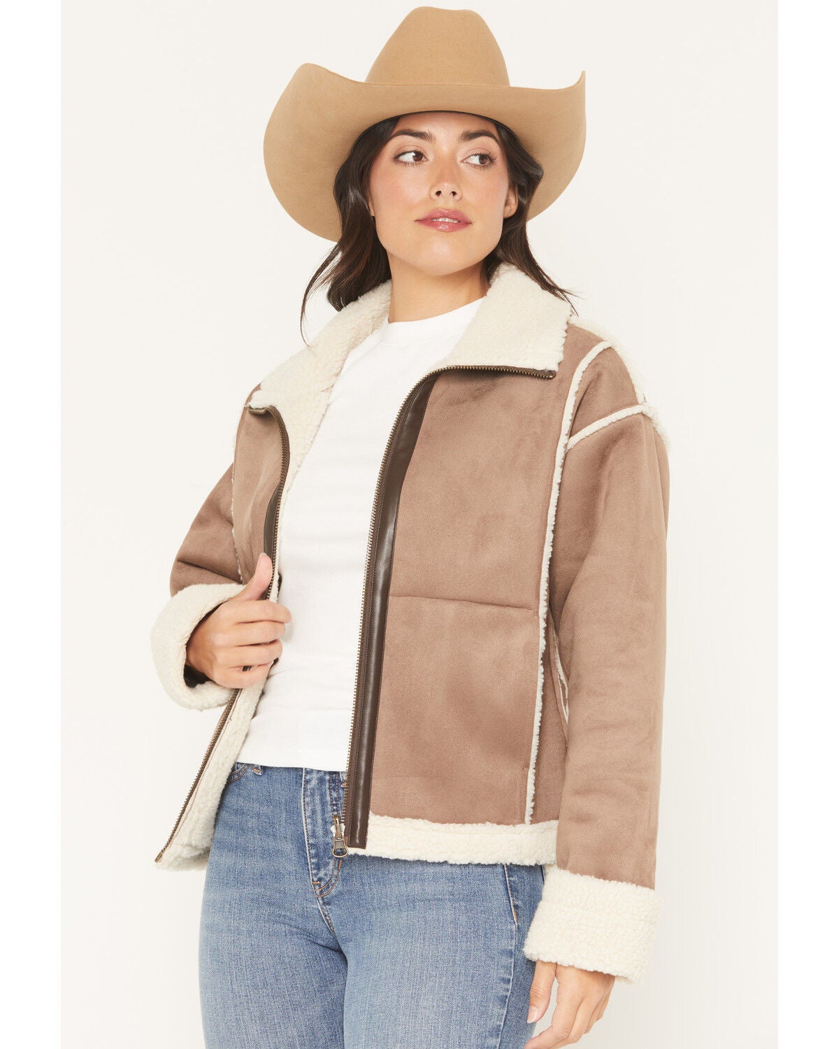 Shyanne Women's Wildcat Sherpa Lined Faux Suede Jacket, Taupe, hi-res