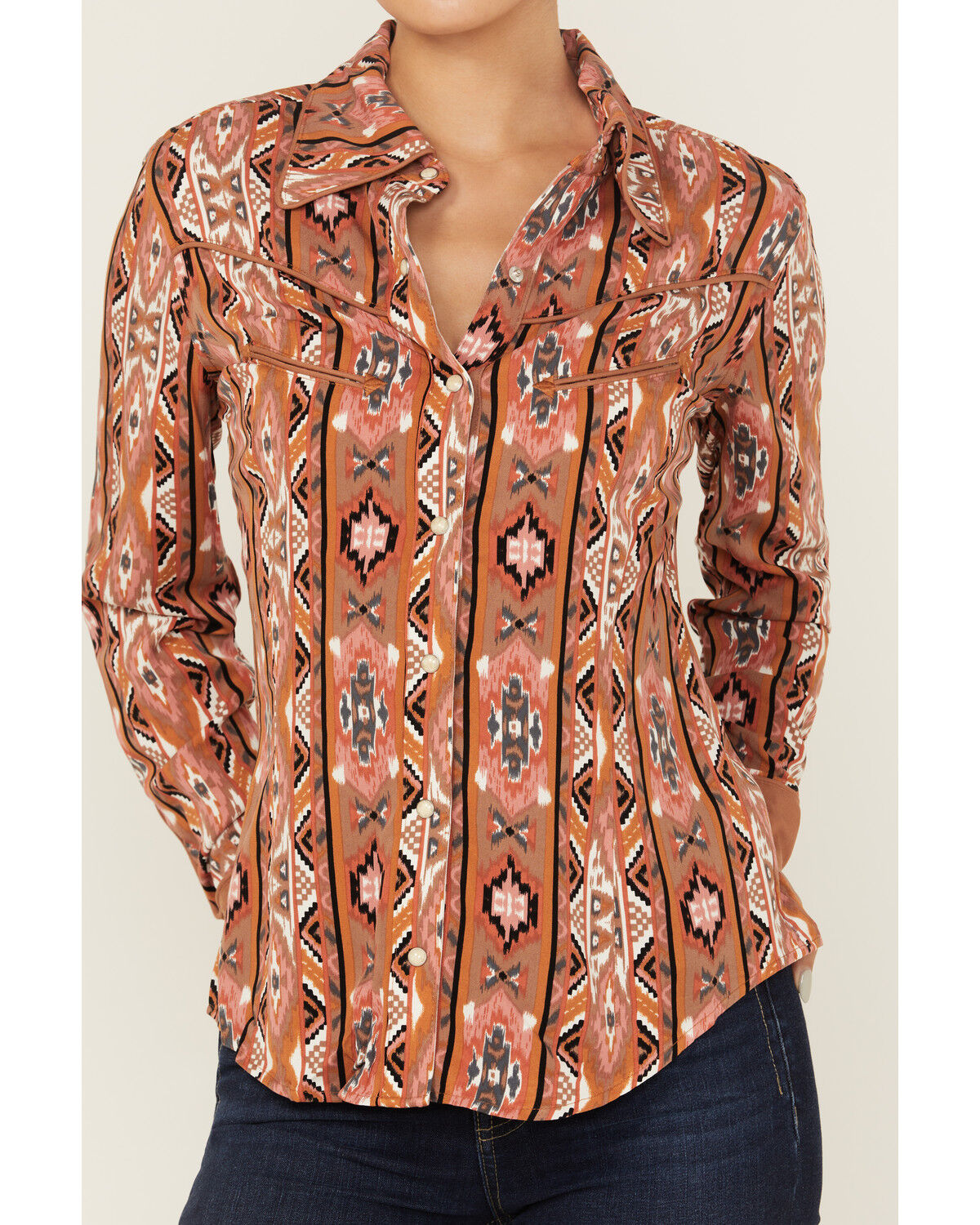 Image #4 - Wrangler x Lainey Wilson Women's Southwestern Print Long Sleeve Snap Western Shirt, Red, hi-res