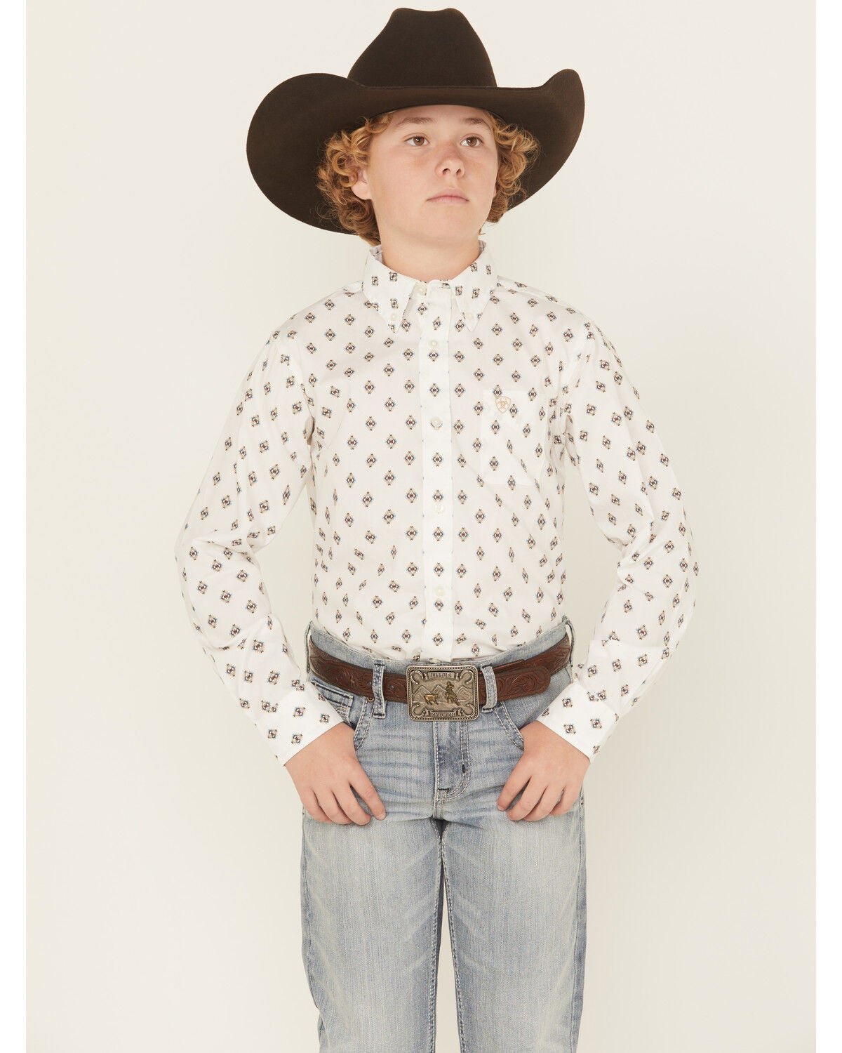Image #1 - Ariat Boys' Classic Geo Print Long Sleeve Button-Down Western Shirt, White, hi-res