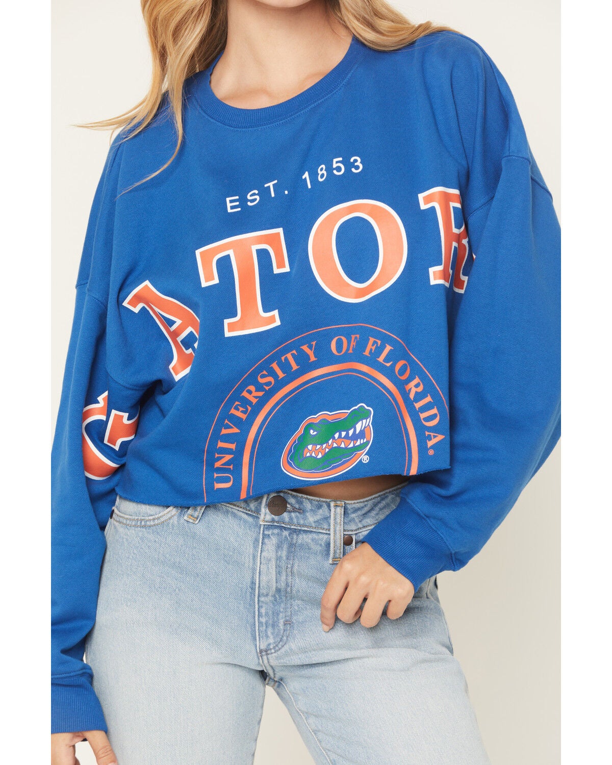 Image #3 - Gameday Women's University of Florida Split Long Sleeve Cropped Graphic Tee, Royal Blue, hi-res