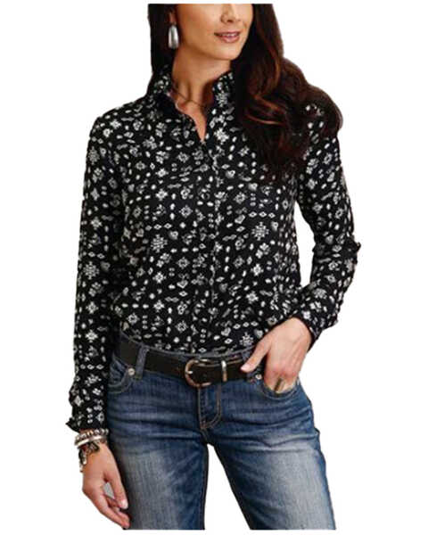Stetson Women's Southwestern Print Long Sleeve Snap Western Shirt, Black, hi-res
