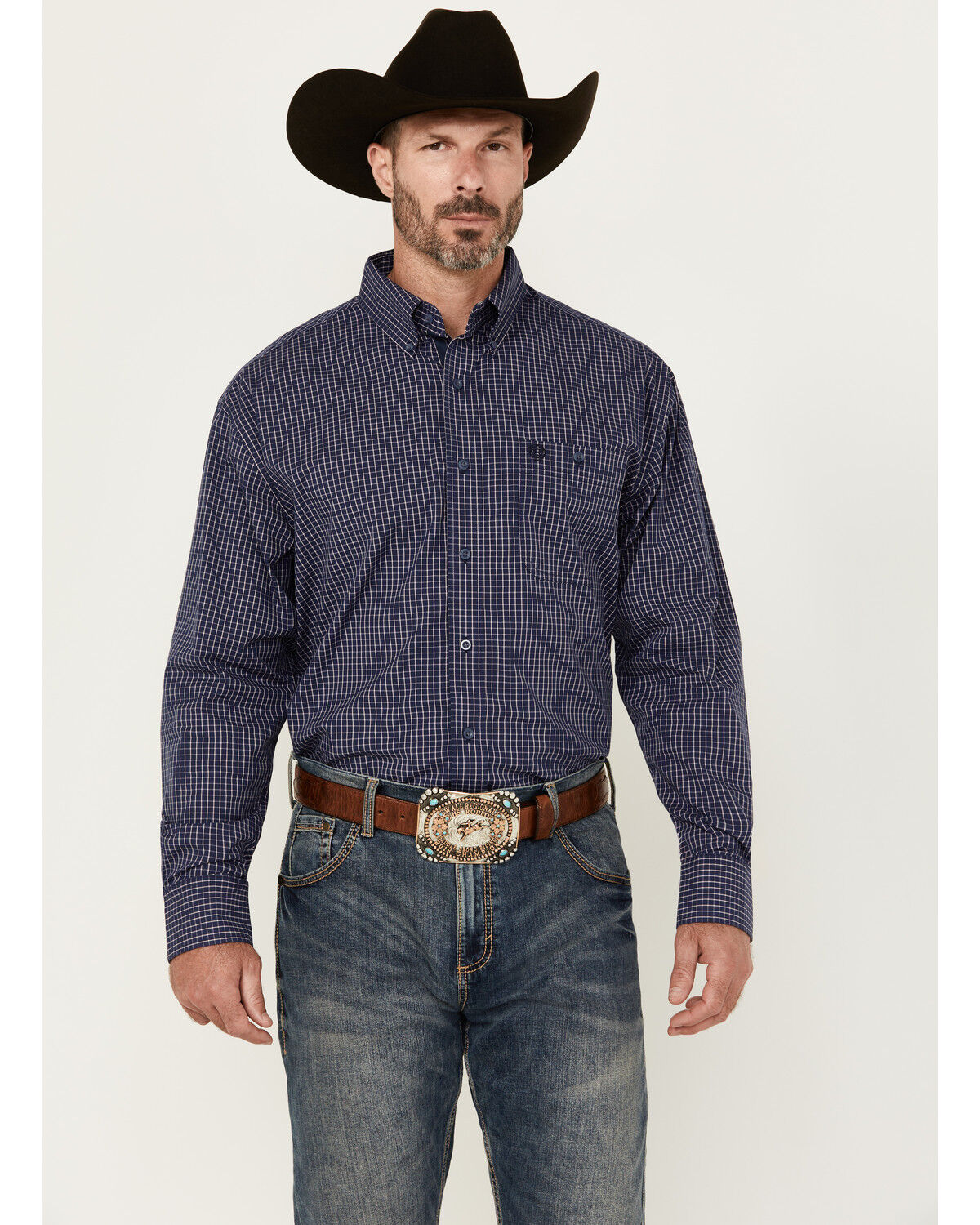 Image #1 - George Strait By Wrangler Men's Plaid Print Long Sleeve Button-Down Stretch Western Shirt, Navy, hi-res