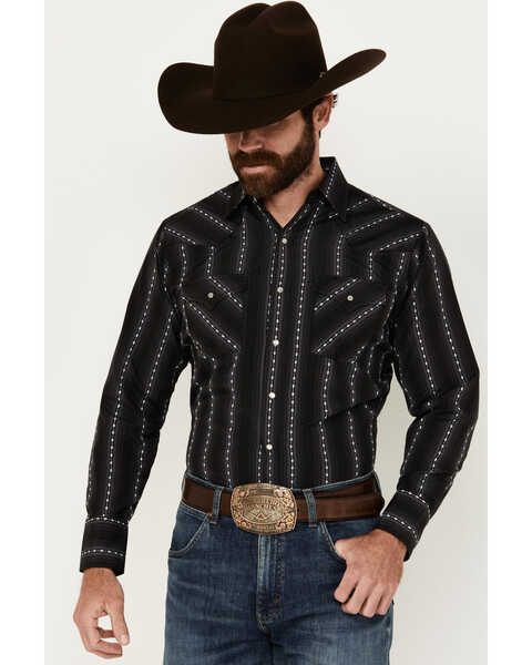 Ely Walker Men's Southwestern Striped Print Long Sleeve Pearl Snap Western Shirt, Black, hi-res
