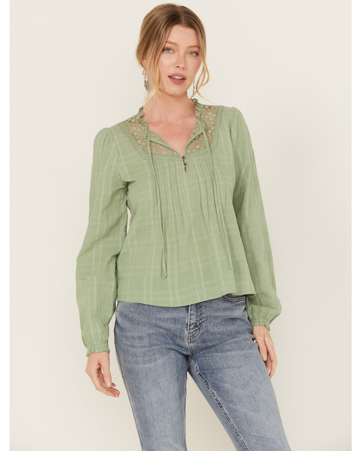 Image #1 - Jolt Women's Lace Trim Long Sleeve Peasant Top, Sage, hi-res