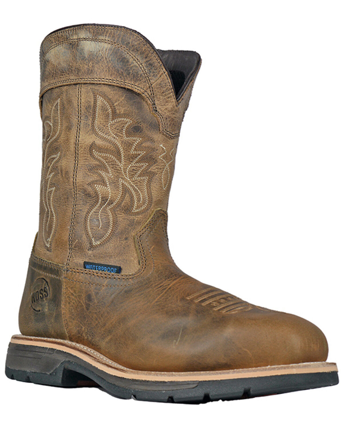 Image #1 - Hoss Men's Distressed Pull-On Waterproof Work Boots - Composite Toe, Brown, hi-res