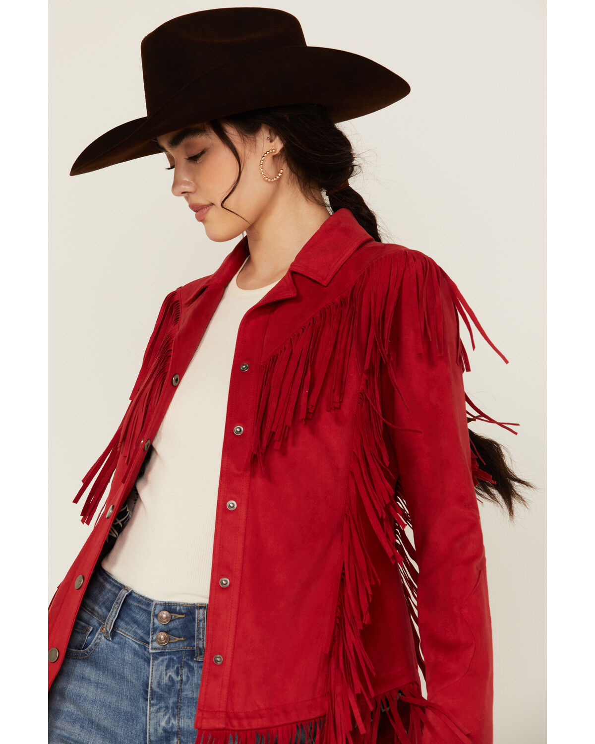 Image #2 - Powder River Outfitters Women's Faux Suede Fringe Jacket, Red, hi-res