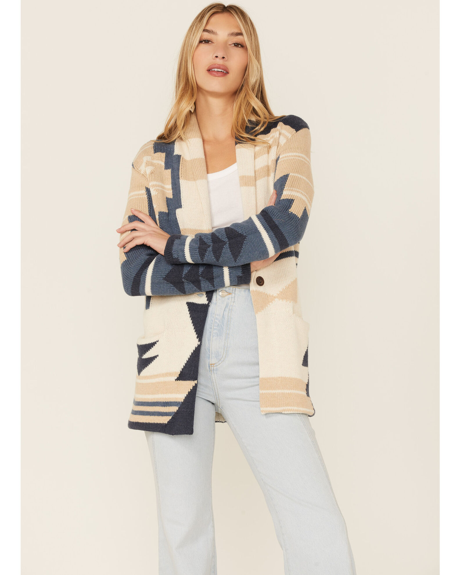 Pendleton Women's Sandshell & Navy Southwestern Graphic Wool Blend Cardigan  Sweater