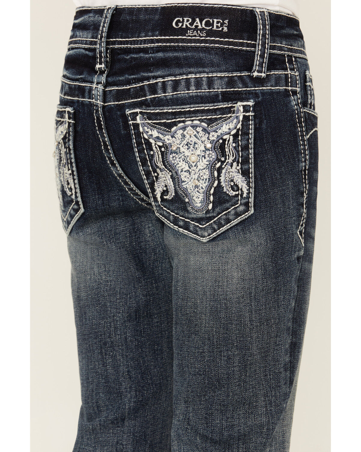 Image #2 - Grace in LA Girls' Medium Wash Longhorn Skull Stretch Bootcut Jeans, Medium Wash, hi-res