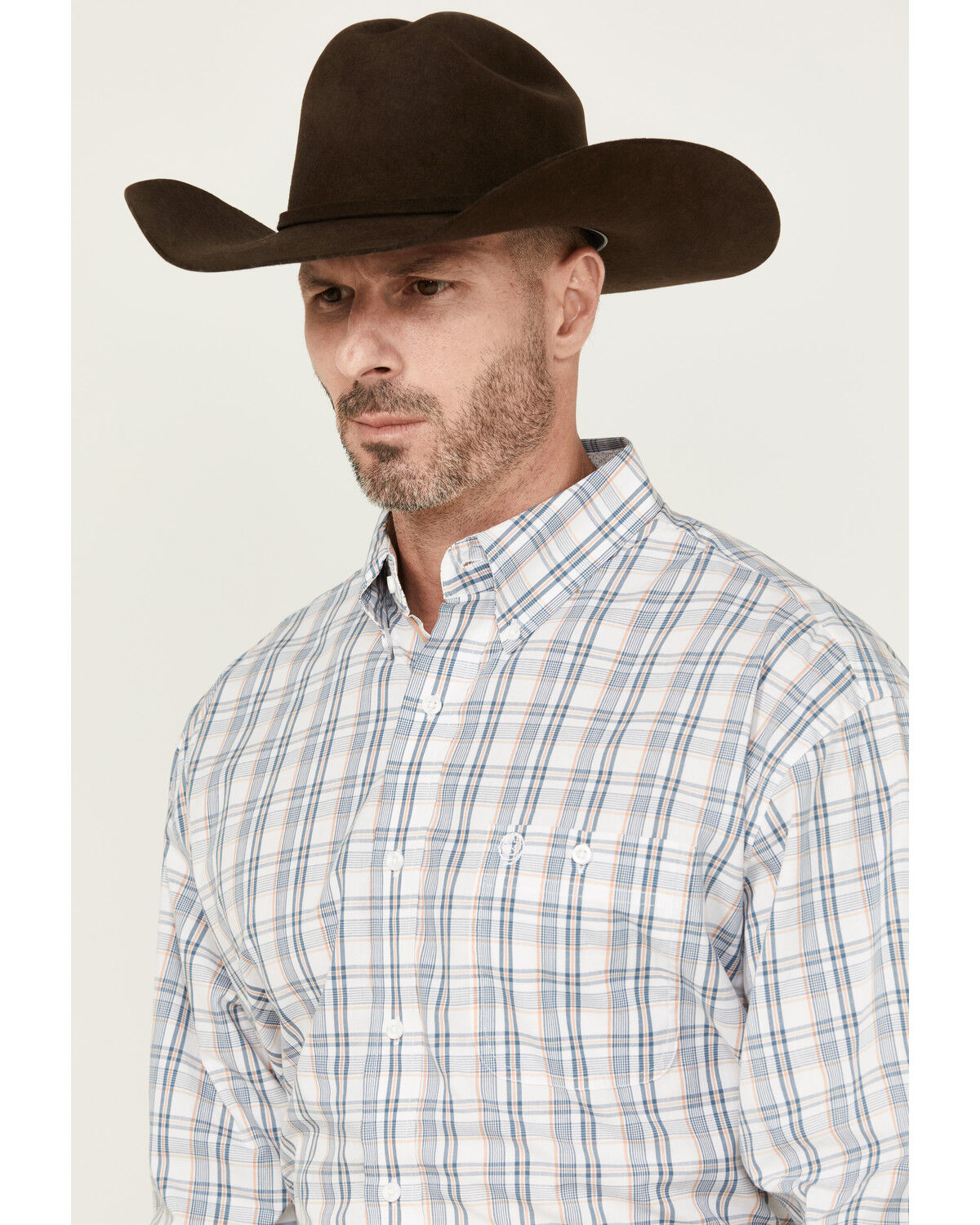 Image #2 - George Strait By Wrangler Men's Plaid Print Long Sleeve Button-Down Stretch Shirt, White, hi-res