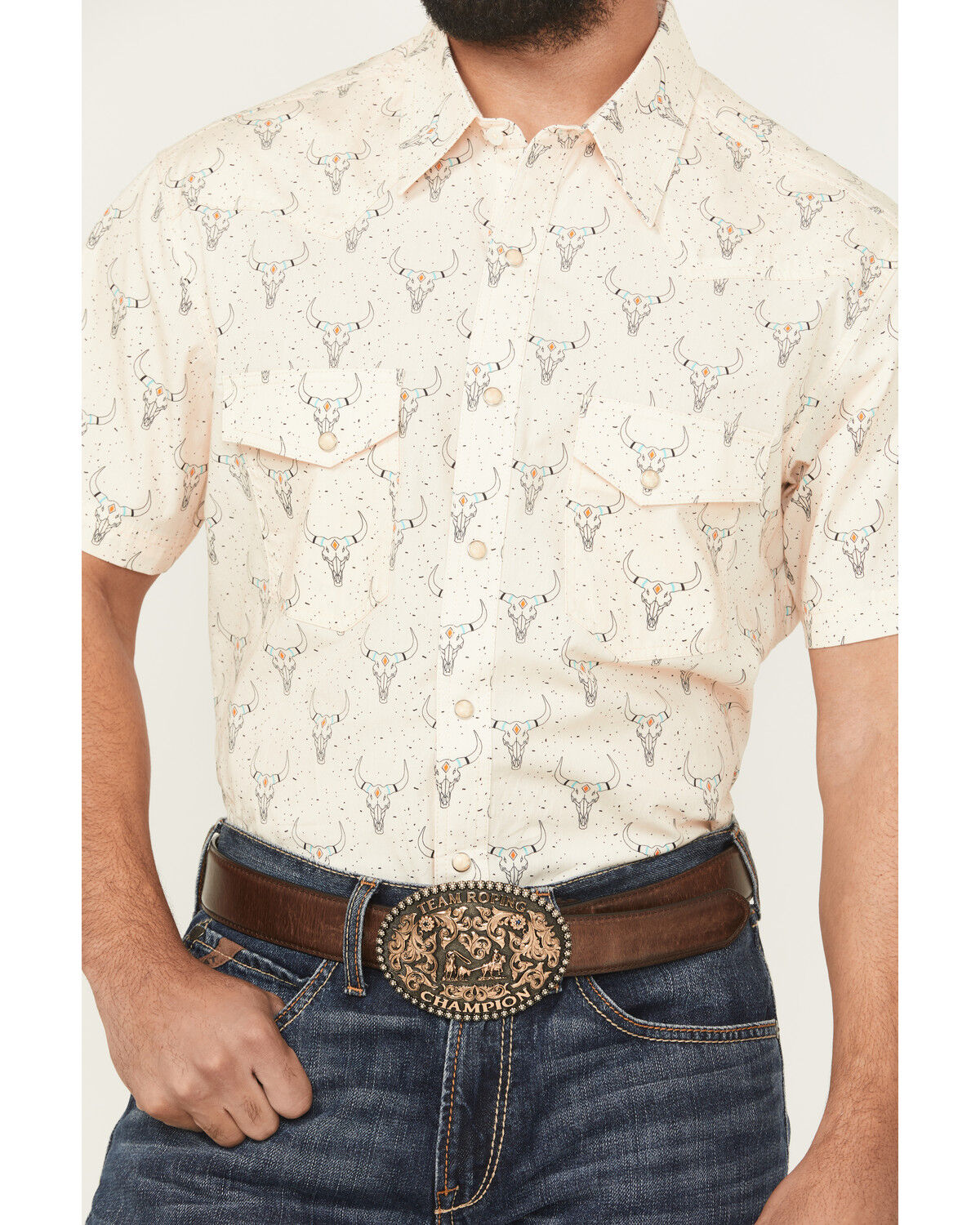 Image #3 - Rock & Roll Denim Men's Dale Drisby Longhorn Print Short Sleeve Snap Stretch Western Shirt, Cream, hi-res