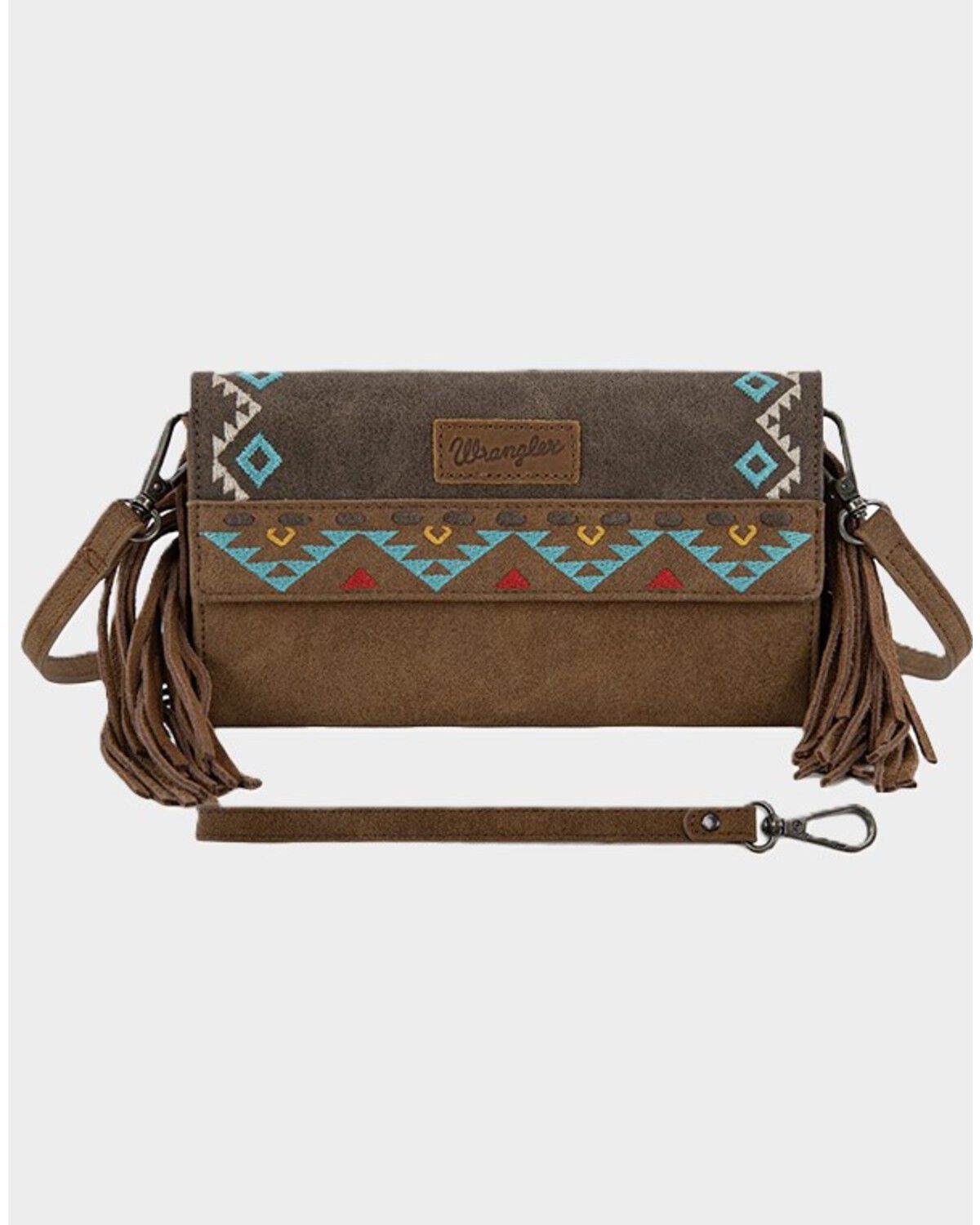 Image #1 - Wrangler Women's Southwestern Embroidered Fringe Wallet Crossbody Bag, Brown, hi-res