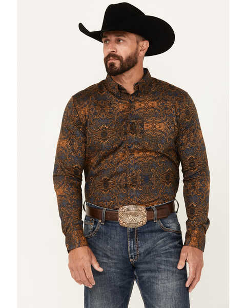 Cody James Men's Winding Roads Paisley Print Long Sleeve Button-Down Stretch Western Shirt, Chocolate, hi-res