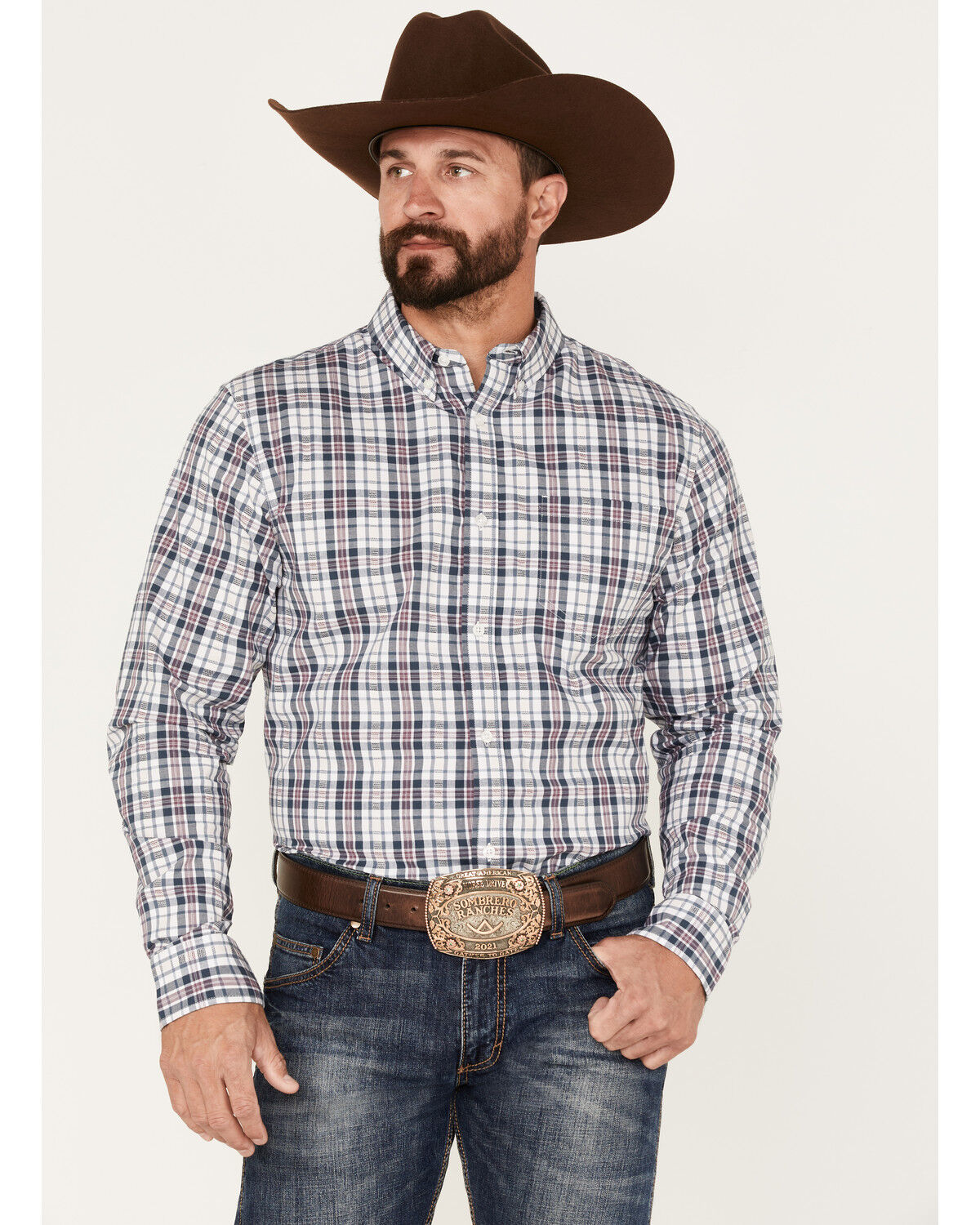 Image #1 - Cody James Men's Tonight Small Plaid Print Button-Down Western Shirt, White, hi-res