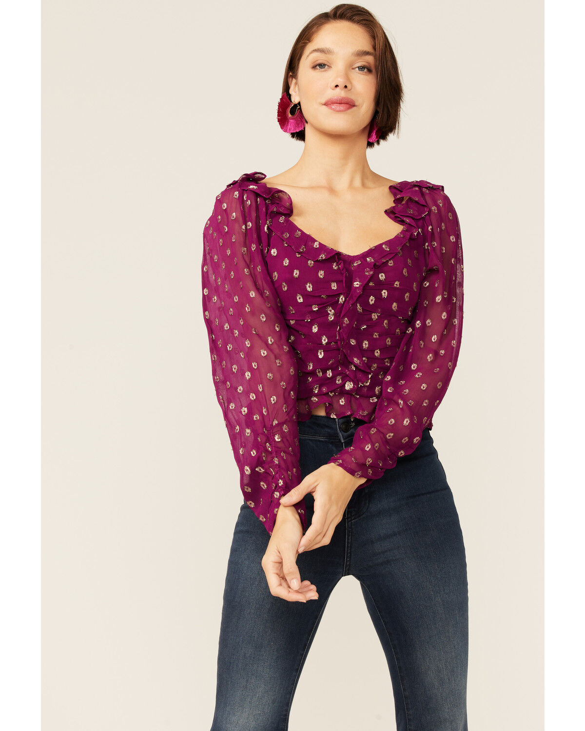 Image #1 - En Creme Women's Long Sleeve Foil Ruffle Blouse, Purple, hi-res