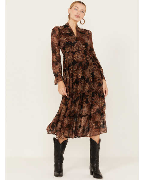 Image #1 - Wild Moss Women's Floral Pais Print Long Sleeve Midi Dress, Dark Brown, hi-res