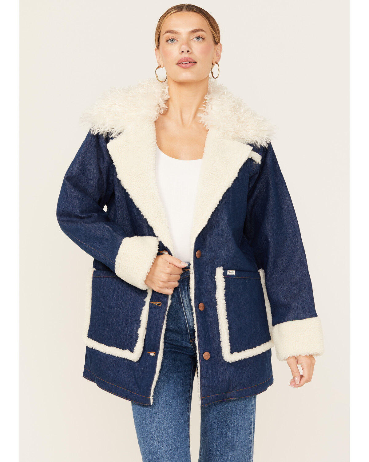 Image #1 - Wrangler Women's Medium Wash Sherpa Lined Oversized Jacket, , hi-res