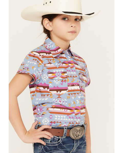 Image #2 - Shyanne Girls' Southwestern Print Short Sleeve Western Pearl Snap Shirt, Blue, hi-res