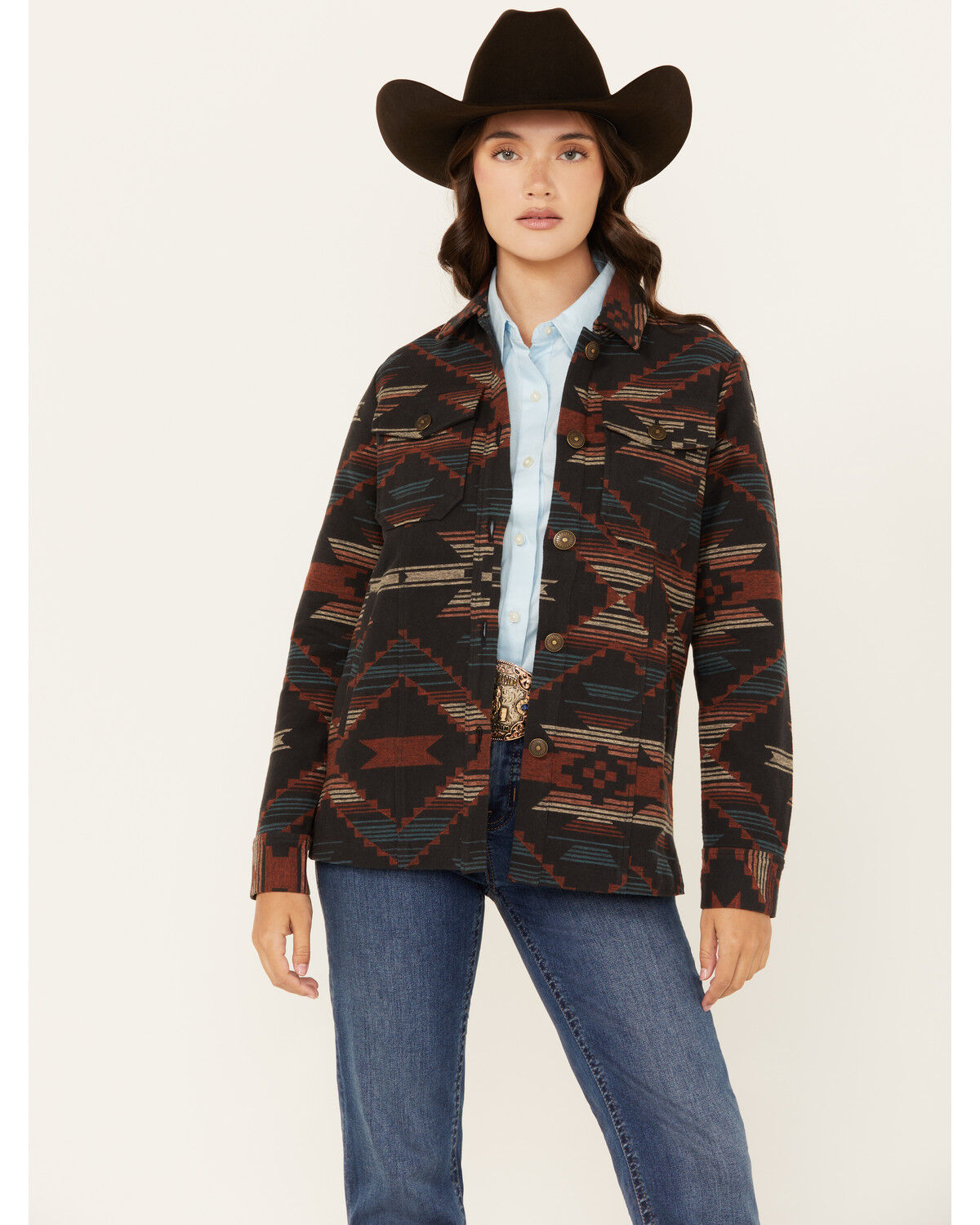 Image #1 - Shyanne Women's Southwestern Print Shacket, Navy, hi-res