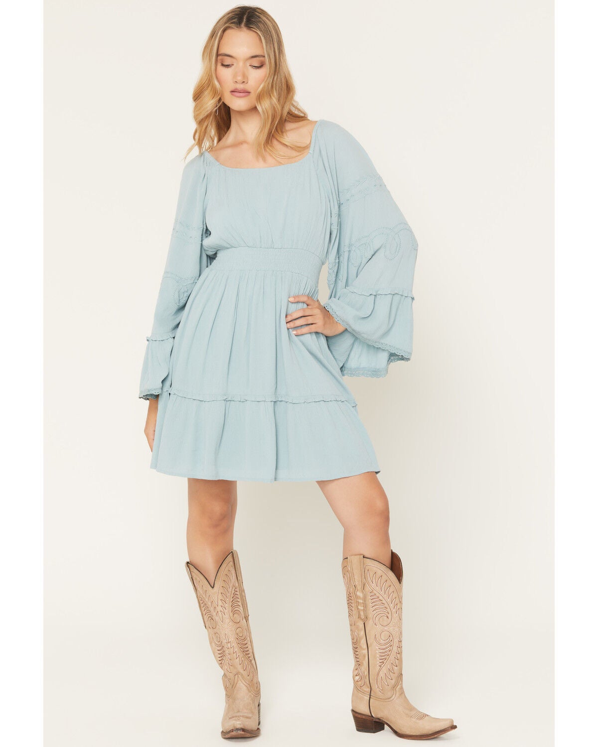 Shyanne Women's Highlands Embroidered Long Bell Sleeve Mini Dress, Aqua, hi-res