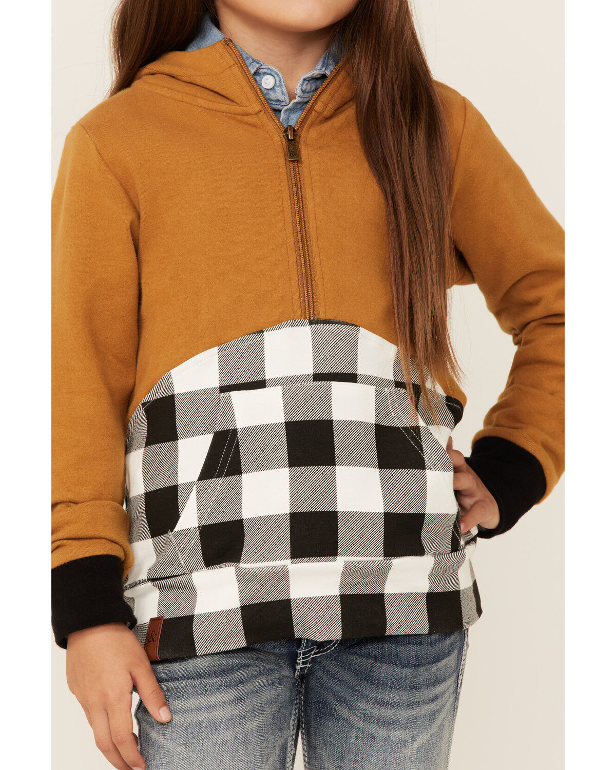 Image #3 - Ampersand Avenue Infant and Toddler's Buffalo Check 1/2 Zip Hooded Pullover, Camel, hi-res