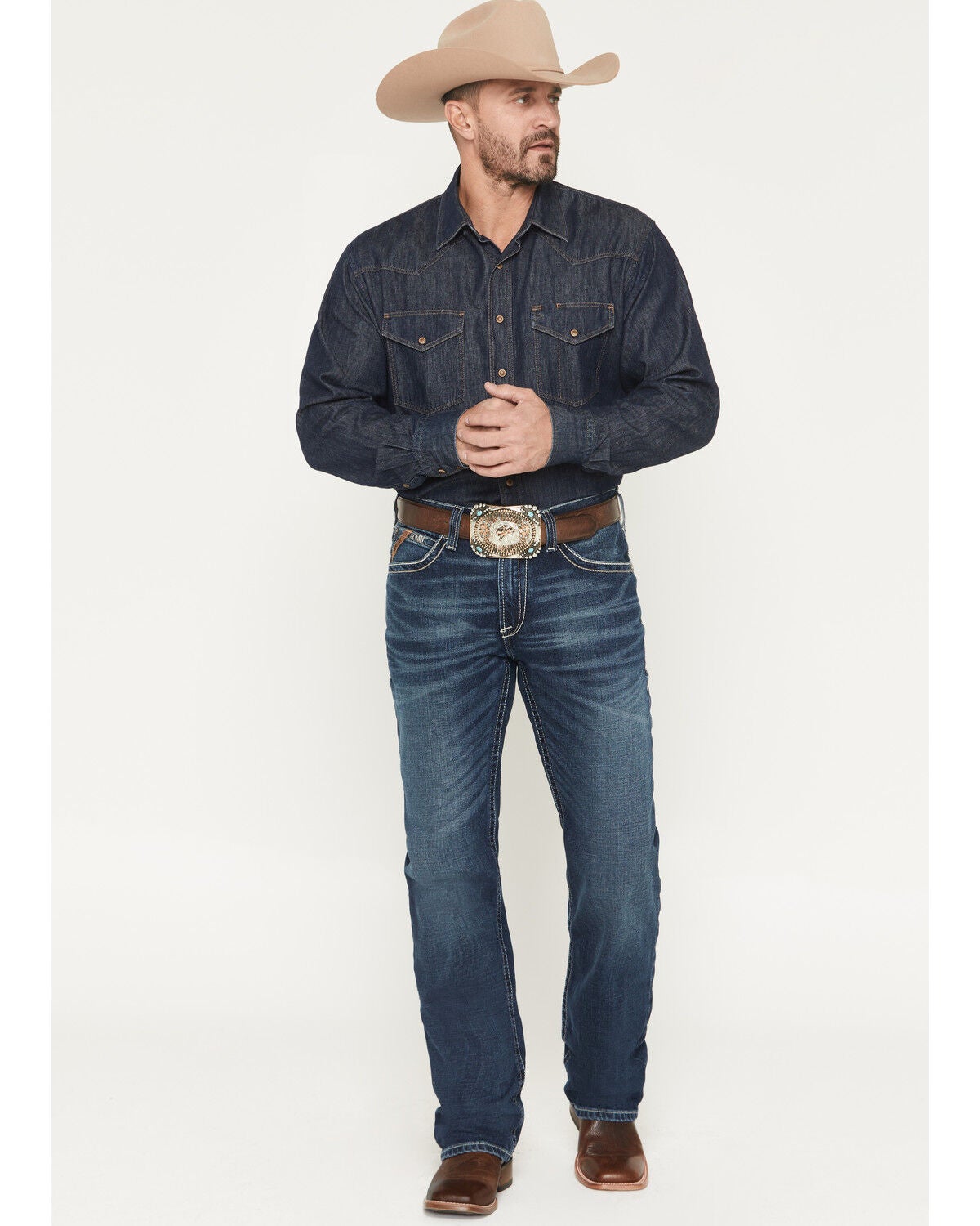 Image #1 - Ariat Men's Boot Barn Exclusive M4 Adkins Dark Wash Relaxed Fit Stretch Bootcut Jeans, Blue, hi-res