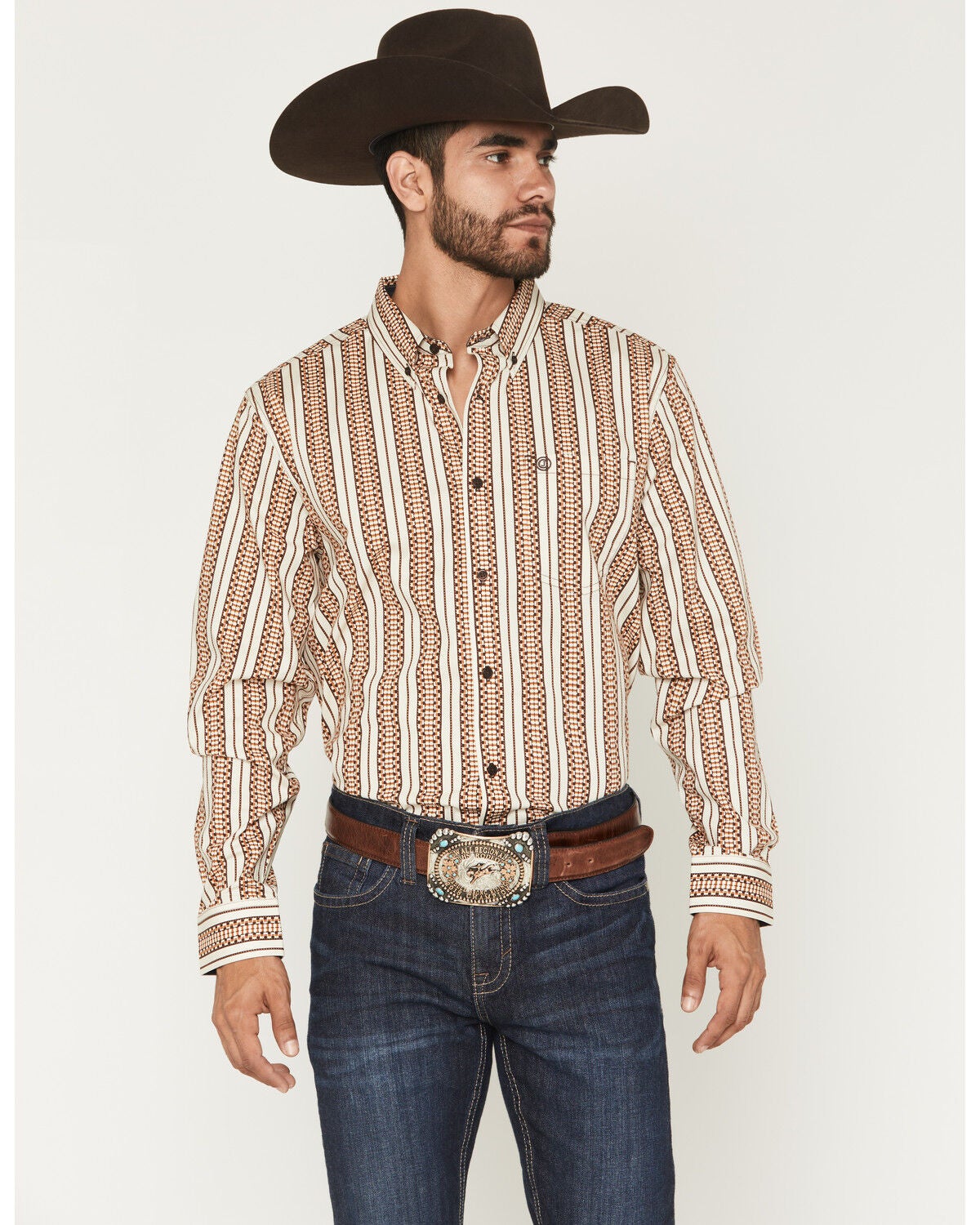 Cody James Men's Waylon Geo Stripe Print Long Sleeve Button-Down Stretch Western Shirt, Tan, hi-res