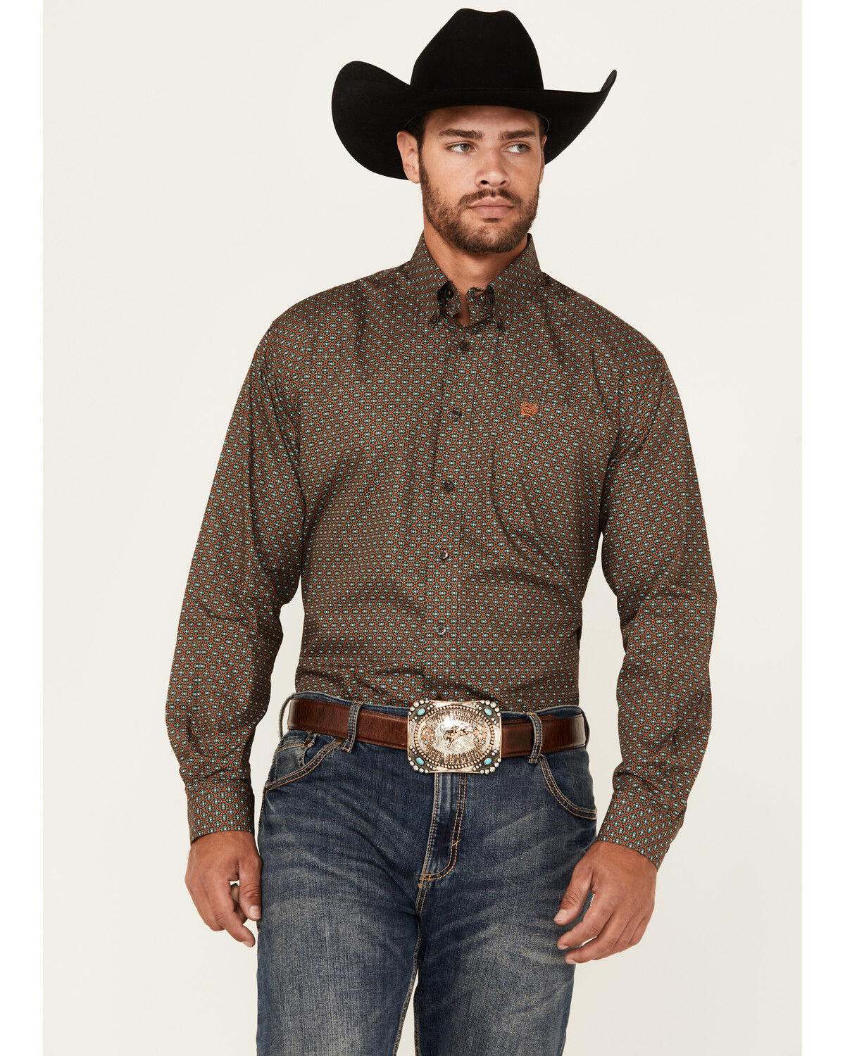 Image #1 - Cinch Men's Geo Print Long Sleeve Button-Down Western Shirt, Brown, hi-res