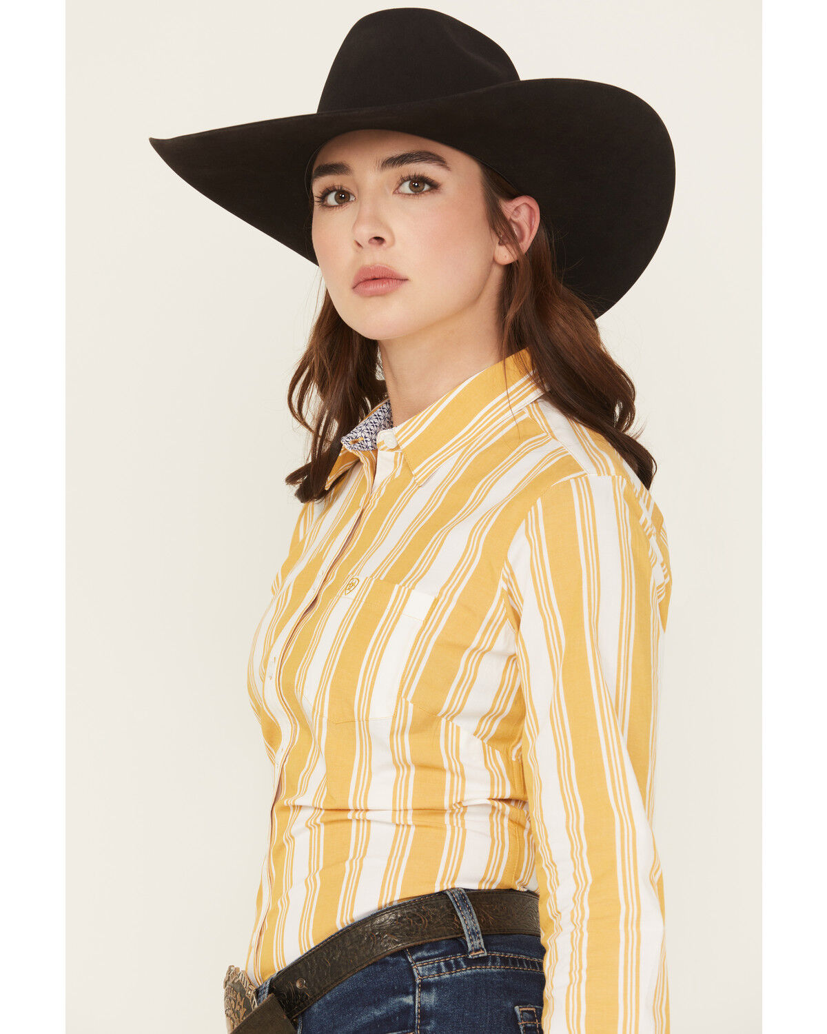 Image #2 - Ariat Women's Kirby Striped Print Long Sleeve Button-Down Stretch Western Shirt, Yellow, hi-res
